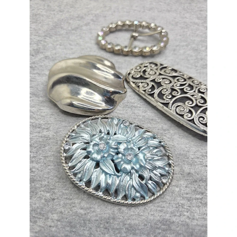Lot of 4 Vintage Boutique Floral Leather Rhinestone Womens Belt Buckles Boho